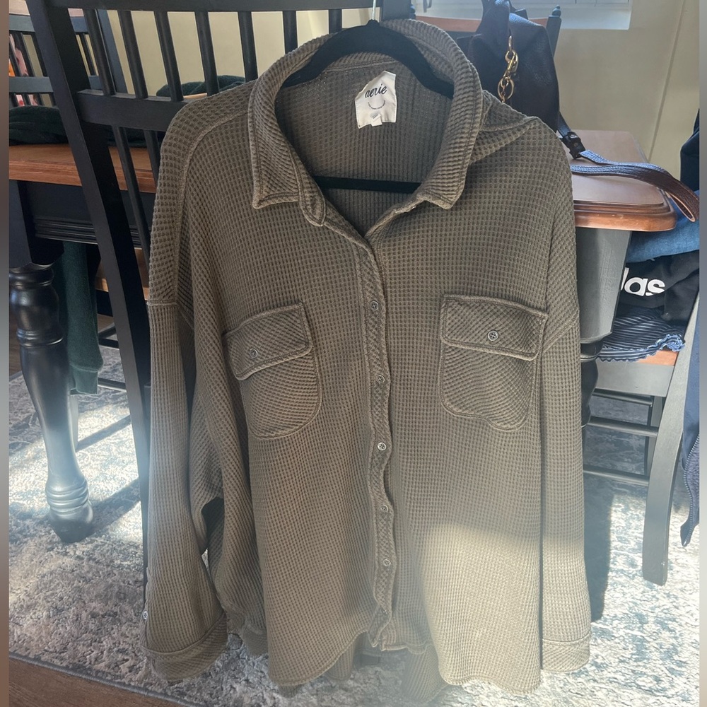 Olive Waffle Print Button Down Shirt XXL Women’s